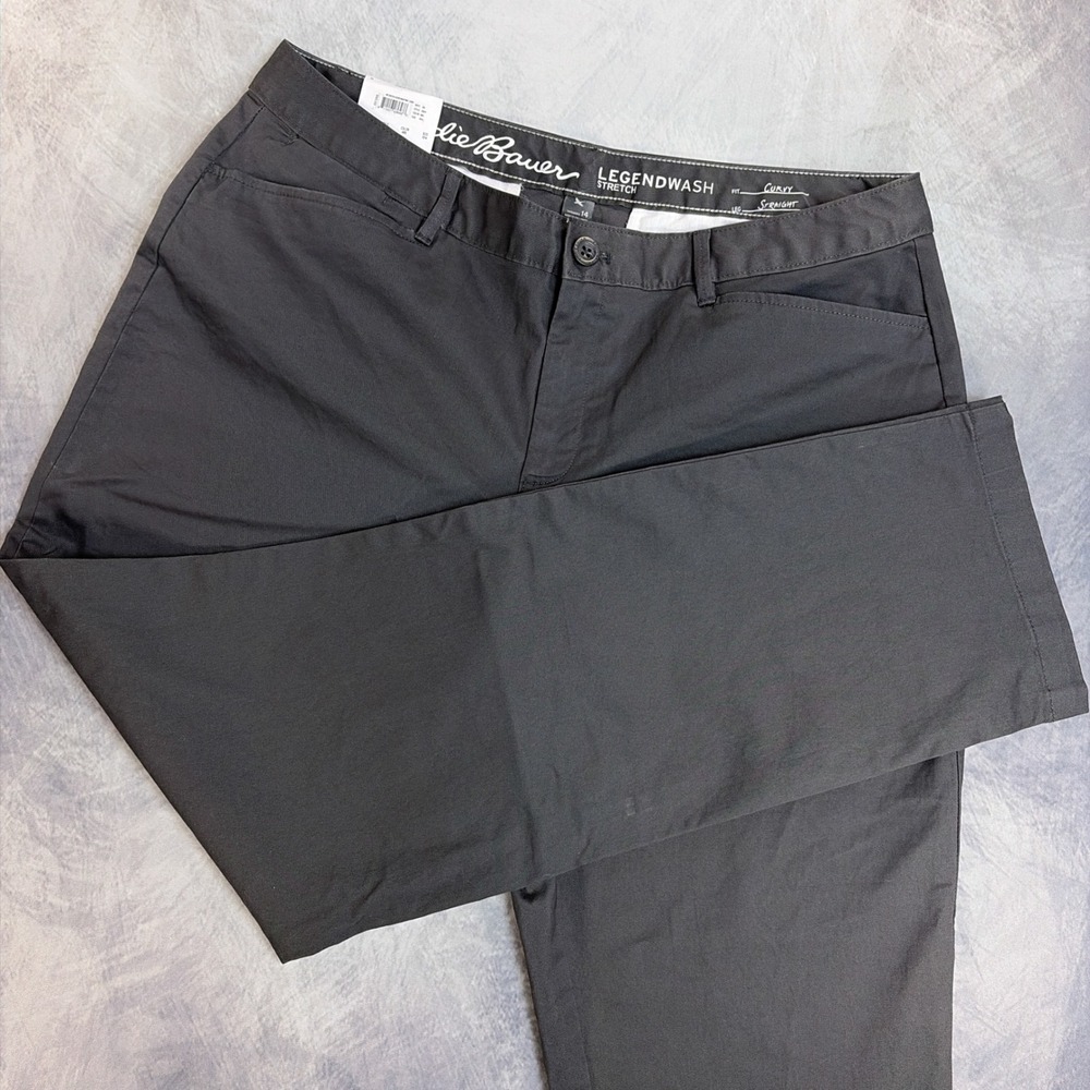 NWT Eddie Bauer Legendwash Stretch Pants Womens 14 Grey Curvy Straight Leg Chino